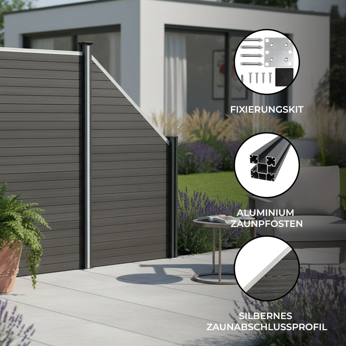 WPC Sichtschutzzaun Eckzaun Element in Grau mit Aluminium Zaunpfosten, modernem Design und glatter Oberfläche, ideal für Garten und Terrasse