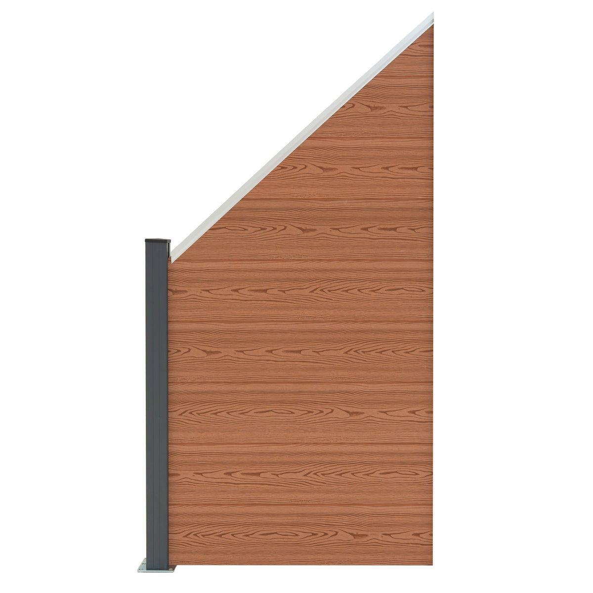 Brauner WPC Sichtschutzzaun Eckzaun mit Holzoptik, schräg geschnitten, stabiler grauer Pfosten, ideal für Garten- und Terrassengestaltung