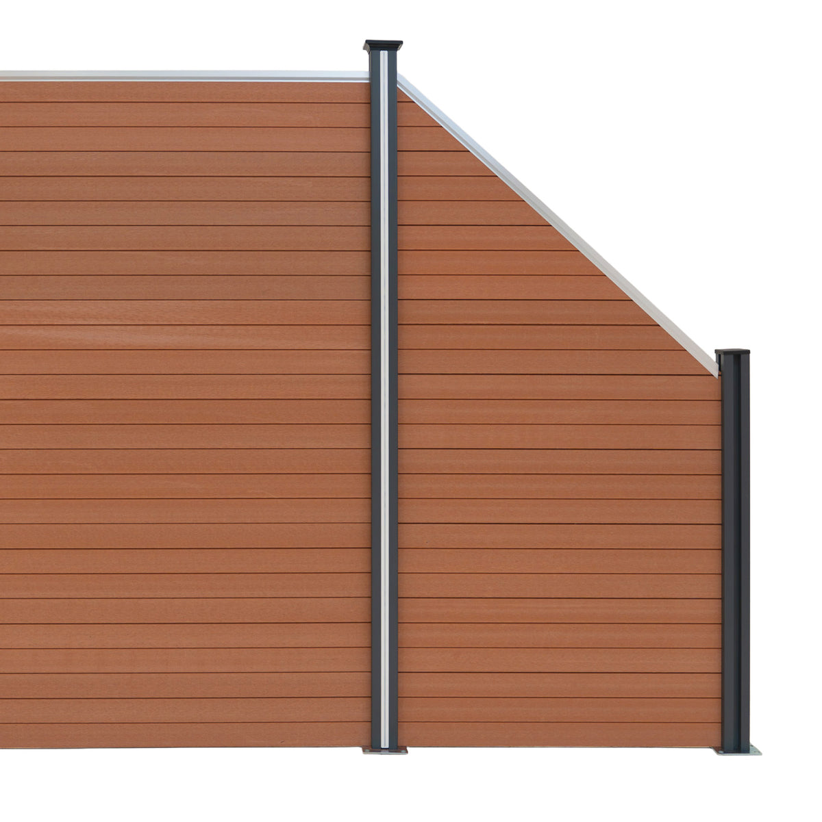 Brauner WPC Sichtschutzzaun Eckzaun mit glatten, horizontalen Lamellen und stabilen, grauen Metallpfosten, ideal für Garten- und Terrassengestaltung