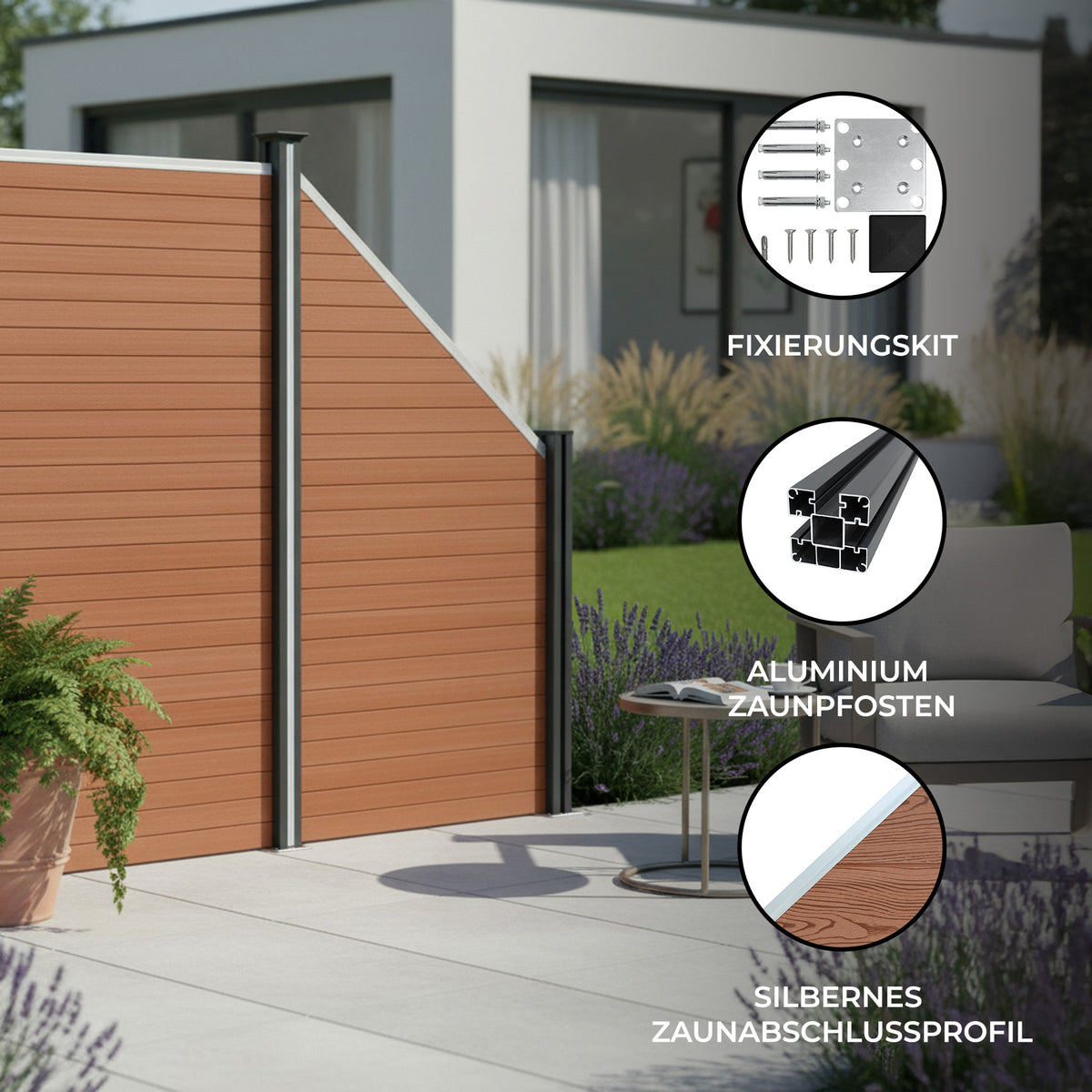 Braunes WPC Sichtschutzzaun Eckzaun Element mit Aluminium Zaunpfosten, modernes Design und silbernem Abschlussprofil, ideal für Garten und Terrasse