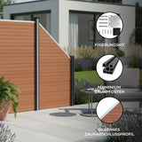 Braunes WPC Sichtschutzzaun Eckzaun Element mit Aluminium Zaunpfosten, modernes Design und silbernem Abschlussprofil, ideal für Garten und Terrasse