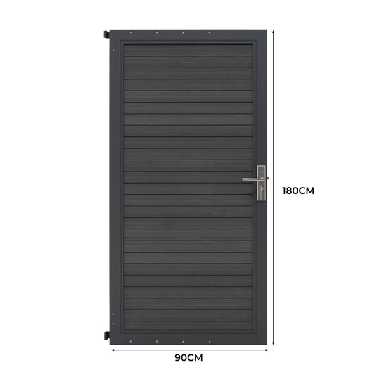 Schlichte, moderne Tür in Anthrazit mit horizontalen Holzpaneelen, 90 cm breit und 180 cm hoch, ideal für den Innen- oder Außenbereich