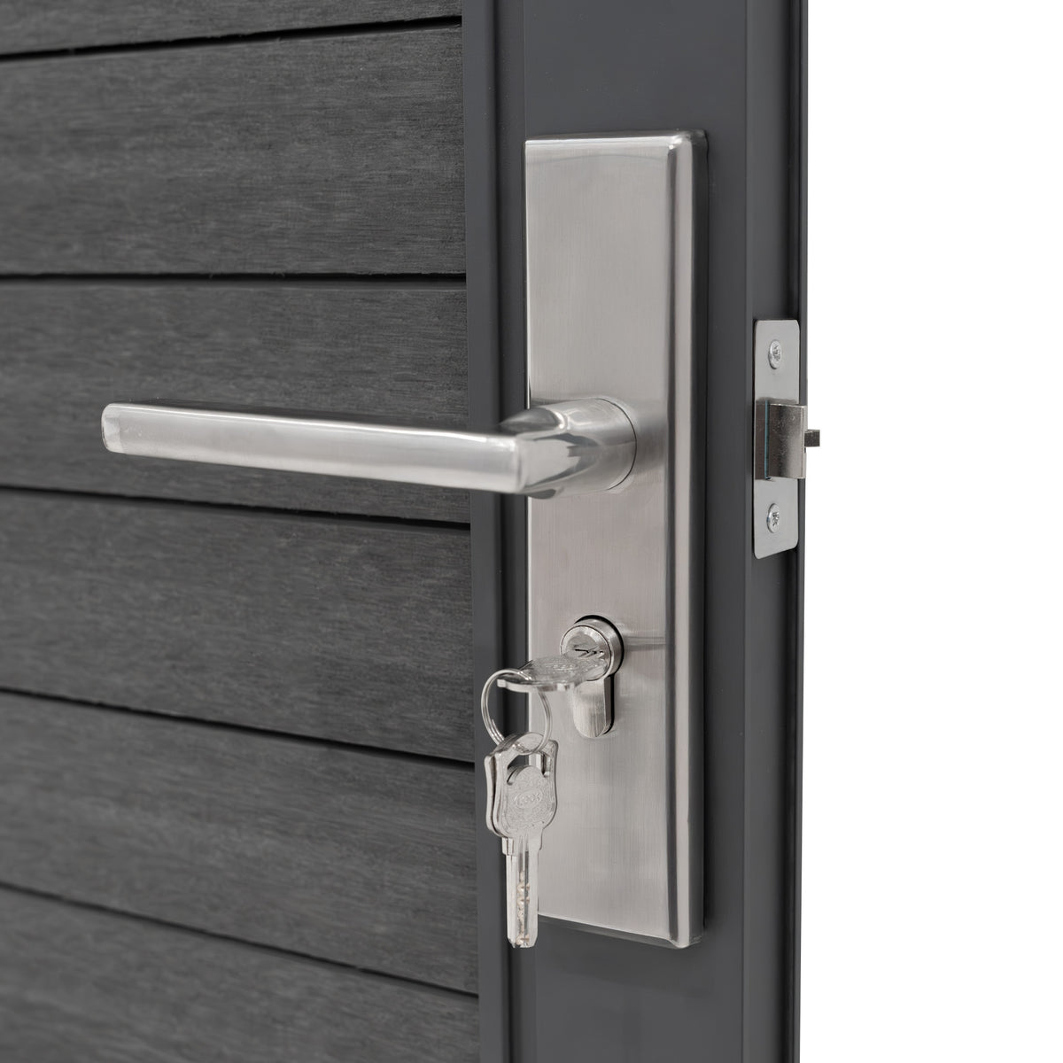 Grau WPC Sichtschutzzaun Tor mit modernem Design, Edelstahlbeschlägen und einem stabilen, strukturierten Oberflächenfinish für Langlebigkeit und Sicherheit