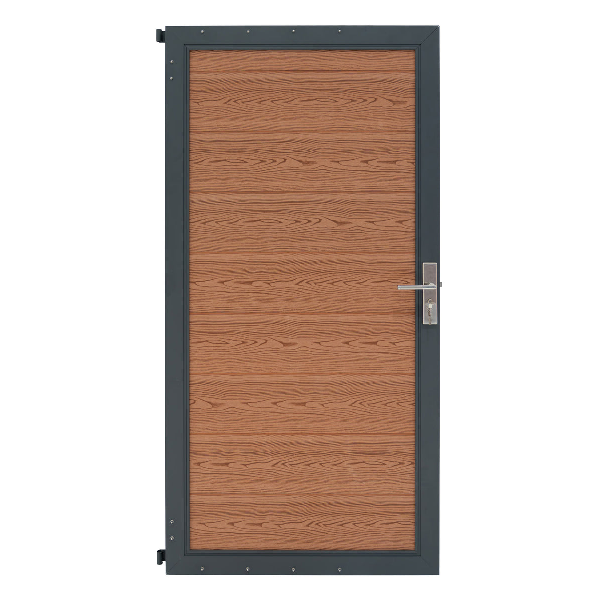 Braunes WPC Sichtschutzzaun Tor mit holzähnlicher Struktur, stabiler Metallrahmen und modernem Design, ideal für Garten und Terrasse
