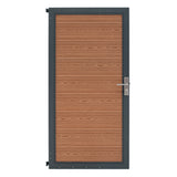 Braunes WPC Sichtschutzzaun Tor mit holzähnlicher Struktur, stabiler Metallrahmen und modernem Design, ideal für Garten und Terrasse