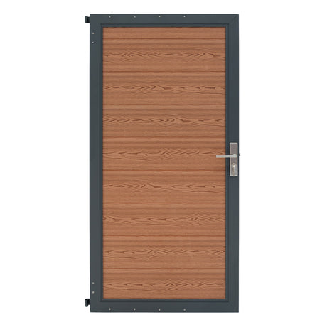 Braunes WPC Sichtschutzzaun Tor mit holzähnlicher Struktur, stabiler Metallrahmen und modernem Design, ideal für Garten und Terrasse