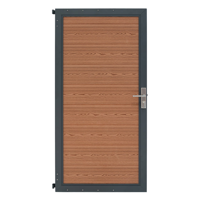 Braunes WPC Sichtschutzzaun Tor mit holzähnlicher Struktur, stabiler Metallrahmen und modernem Design, ideal für Garten und Terrasse