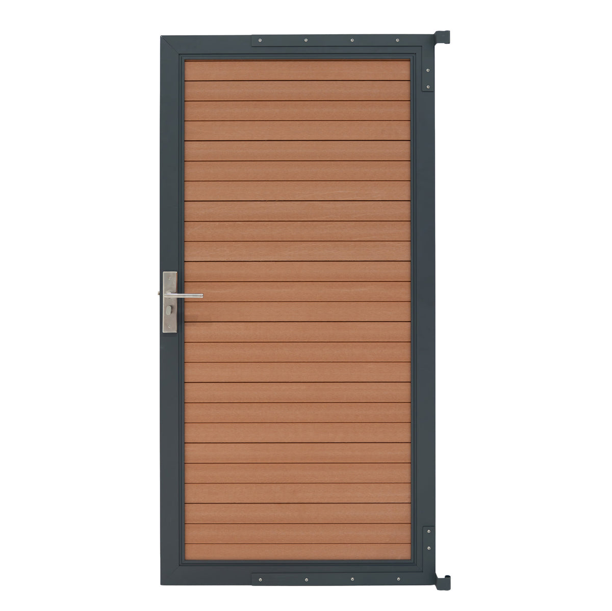 Braunes WPC Sichtschutzzaun Tor mit horizontalen Lamellen, eleganter Metallrahmen, wetterbeständig und pflegeleicht, ideal für Garten und Terrasse