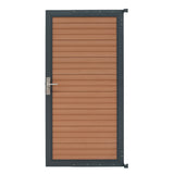 Braunes WPC Sichtschutzzaun Tor mit horizontalen Lamellen, eleganter Metallrahmen, wetterbeständig und pflegeleicht, ideal für Garten und Terrasse