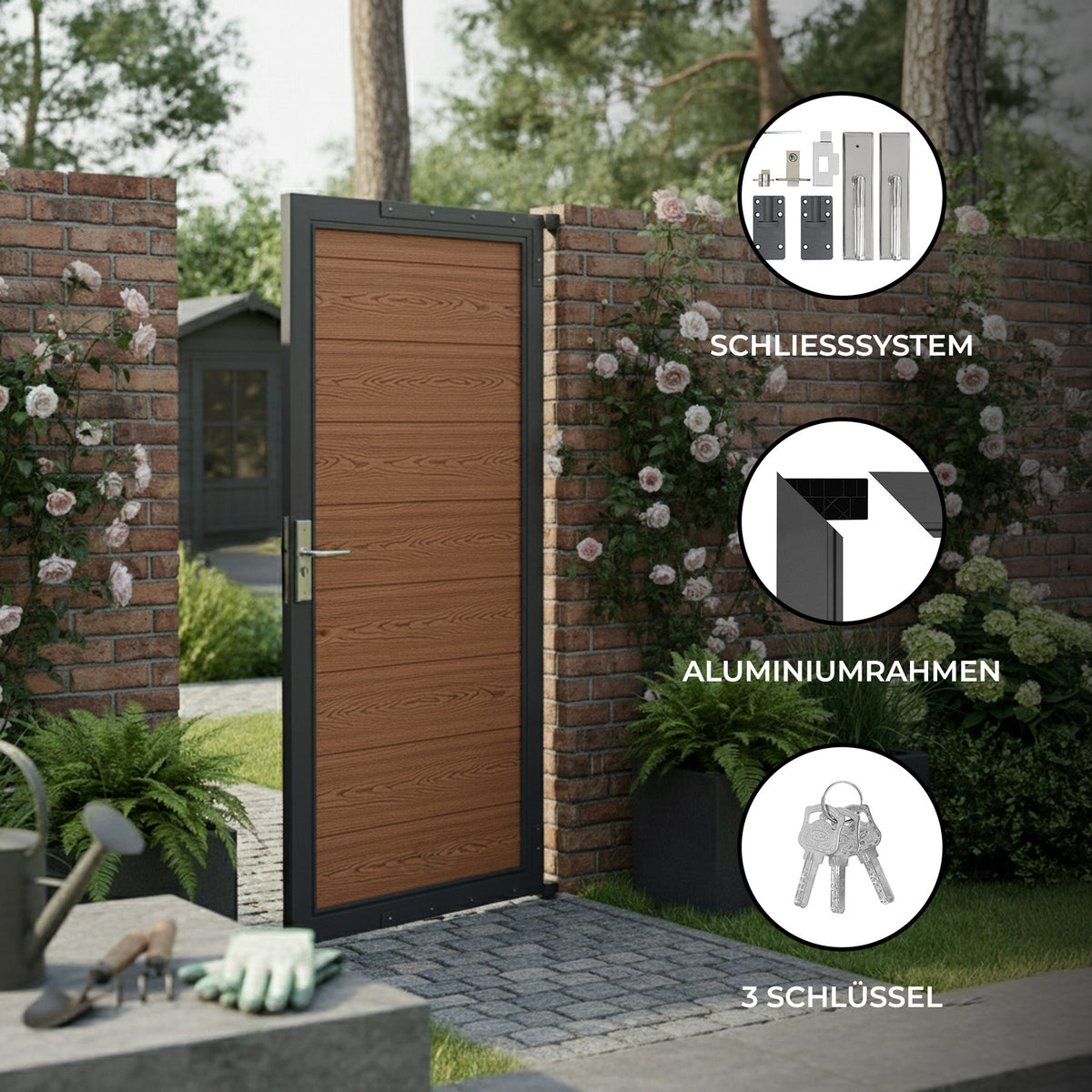 Braunes WPC Sichtschutzzaun Tor mit Aluminiumrahmen, umgeben von Ziegelmauer und blühenden Pflanzen, bietet Privatsphäre und Sicherheit im Garten