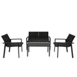 Schwarzes Rattan Terrassenmöbel Set bestehend aus zwei Stühlen und einer Couch mit passendem Tisch, ideal für Garten und Balkon