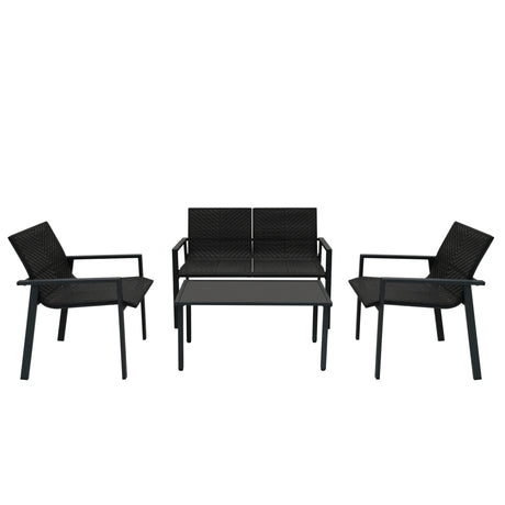 Schwarzes Rattan Terrassenmöbel Set bestehend aus zwei Stühlen und einer Couch mit passendem Tisch, ideal für Garten und Balkon
