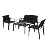Schwarzes Rattan Terrassenmöbel Set mit zwei Stühlen, einer Bank und einem Tisch, ideal für entspannte Außenbereiche, modernes Design und wetterfest