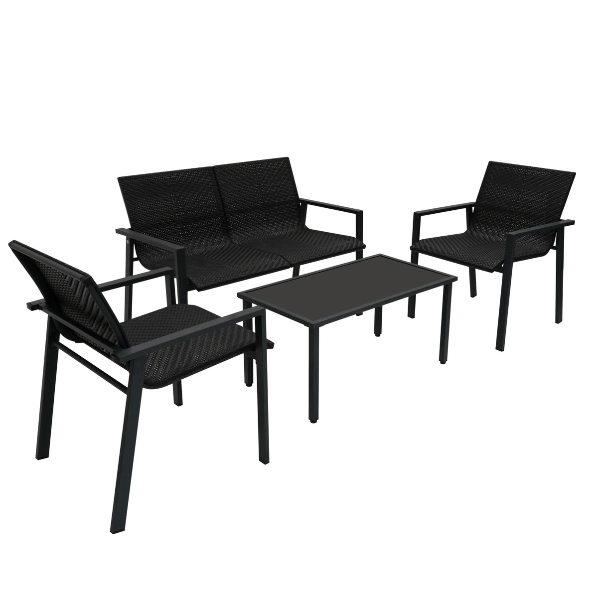 Schwarzes Rattan Terrassenmöbel Set mit zwei Stühlen, einer Couch und einem Tisch, ideal für den Außenbereich, modernes Design und wetterfest