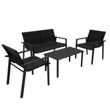 Schwarzes Rattan Terrassenmöbel Set mit zwei Stühlen, einer Couch und einem Tisch, ideal für den Außenbereich, modernes Design und wetterfest