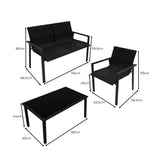 Schwarzes Rattan Terrassenmöbel Set mit einem zweisitzigen Sofa, einem Sessel und einem Tisch, alle mit elegantem, modernem Design und robustem Aluminiumrahmen