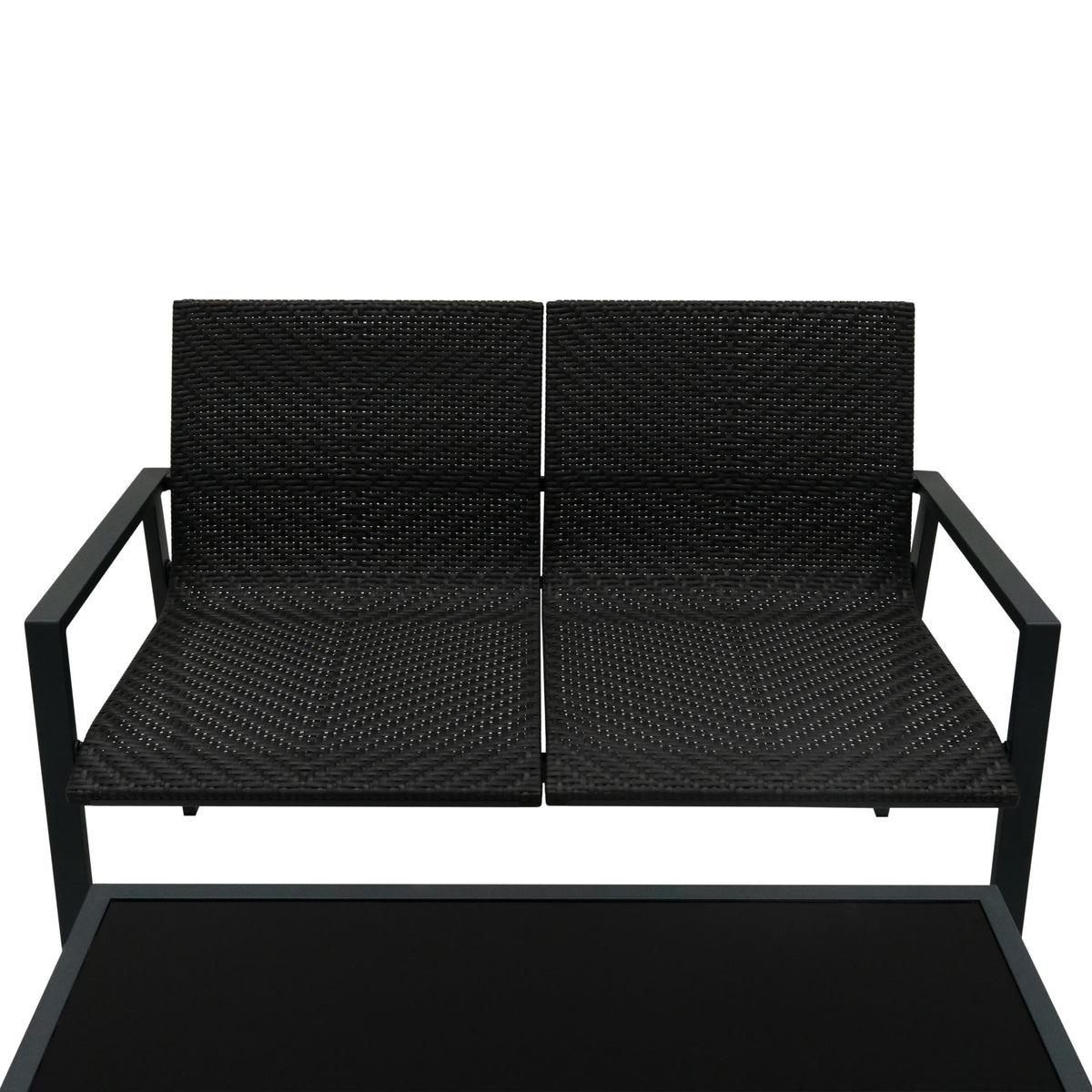 Schwarzes Rattan Terrassenmöbel Set mit zwei bequemen Stühlen und einem eleganten Tisch, ideal für entspannte Außenbereiche und Gärten