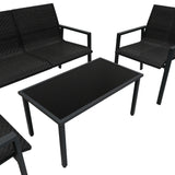 Schwarzes Rattan Terrassenmöbel Set mit zwei Stühlen und einem rechteckigen Tisch, alle mit robustem, wetterfestem Material und modernem Design