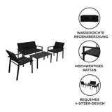 Schwarzes Rattan Terrassenmöbel Set mit zwei Sesseln, einer Bank und einem Tisch, ideal für den Außenbereich, wetterfest und stilvoll gestaltet