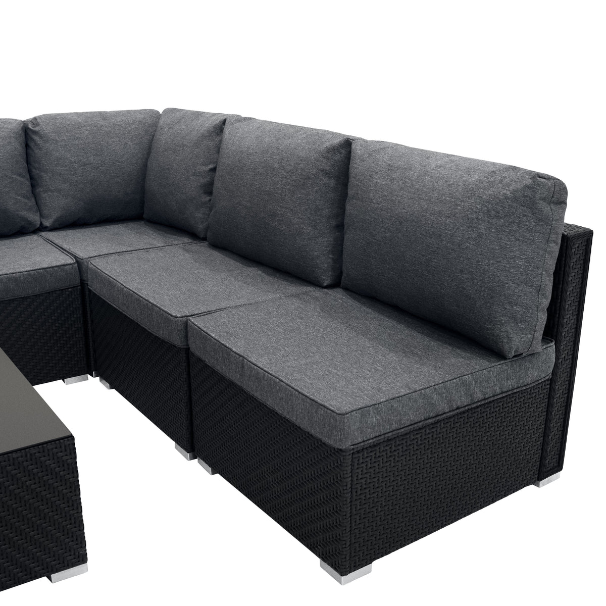 Schwarzes Rattan-Modular-Möbelset mit grauen Polstern, bestehend aus einer L-förmigen Couch und einem Tisch, ideal für den Außenbereich