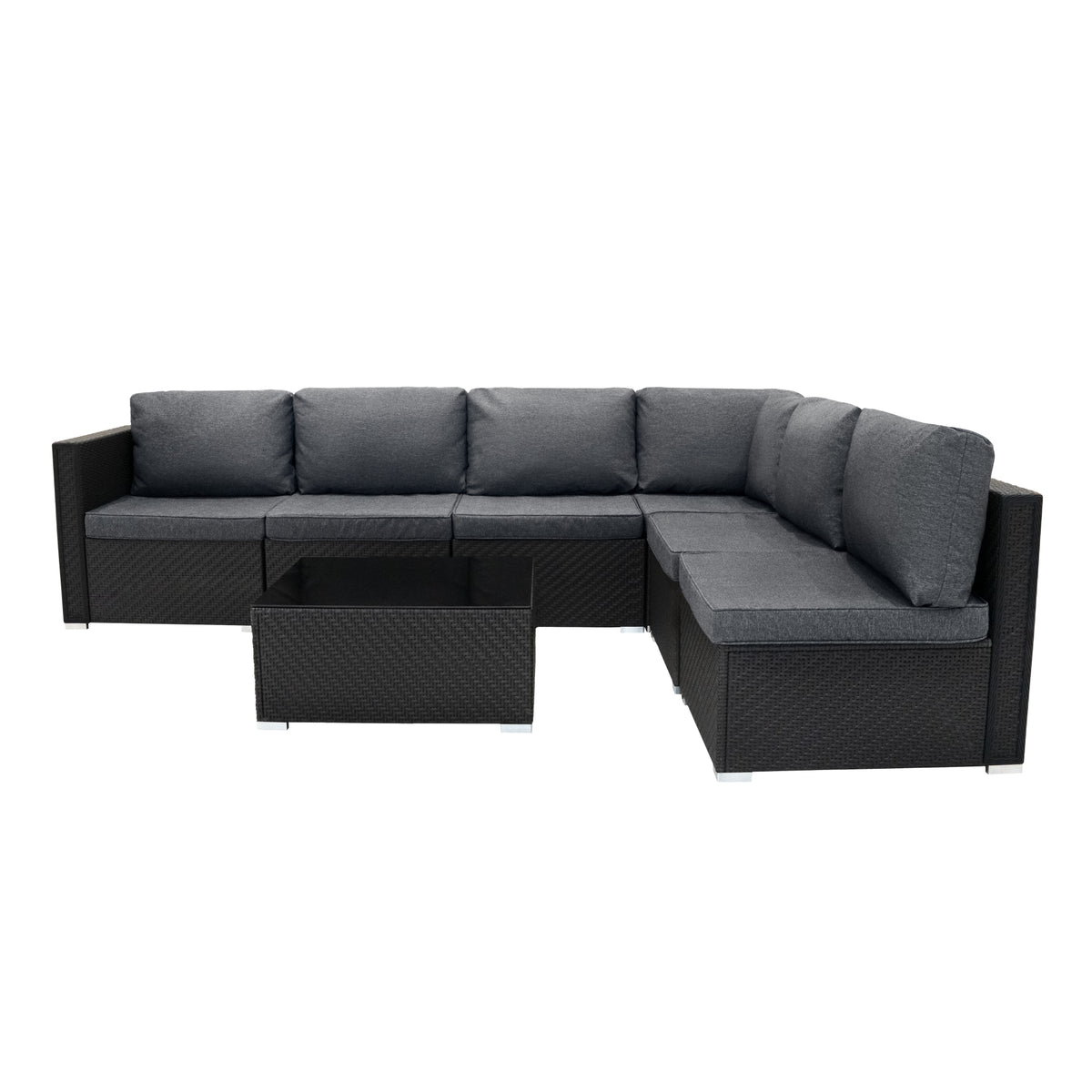 Schwarzes Rattan-Modular-Möbelset mit grauen Kissen, bestehend aus einer L-förmigen Couch und einem niedrigen Tisch, ideal für den Außenbereich