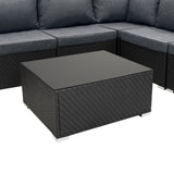 Schwarzes Rattan-Modular-Möbelset mit grauen Polstern, bestehend aus einer L-förmigen Couch und einem quadratischen Couchtisch mit glatter Oberfläche