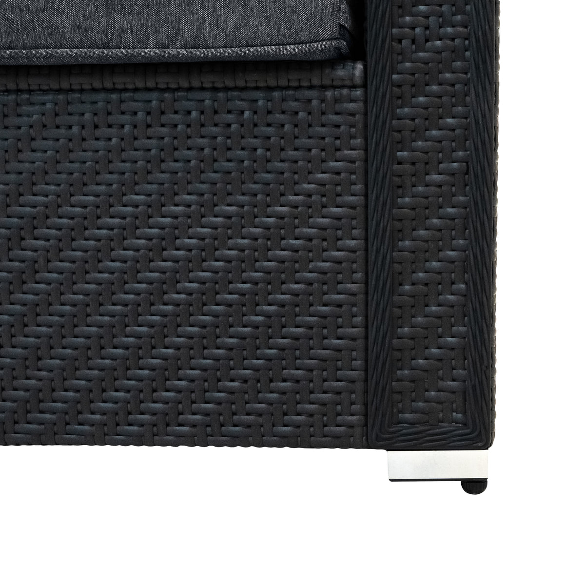 Schwarzes Rattan-Möbelset mit modularen Elementen, geflochtene Textur, elegante Kanten und graue Polsterung für Komfort und Stil