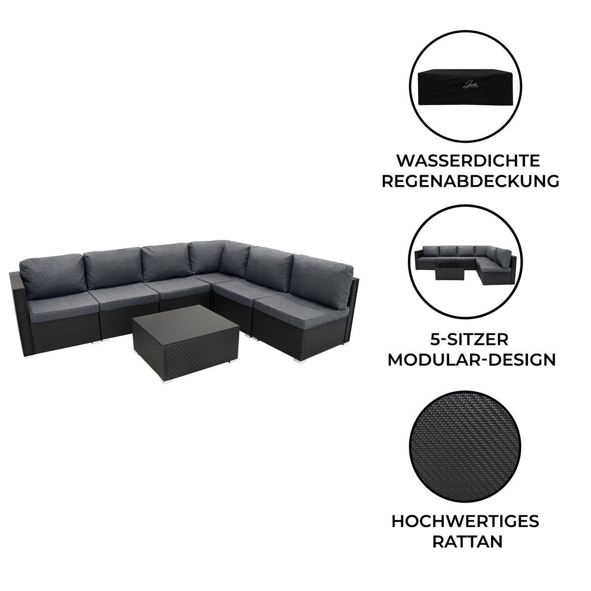 Schwarzes Rattan-Möbelset mit modularer 5-Sitzer-Couch und Tisch, gepolstert mit grauen Kissen, ideal für Garten oder Terrasse, wetterfest und stilvoll