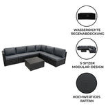 Schwarzes Rattan-Möbelset mit modularer 5-Sitzer-Couch und Tisch, gepolstert mit grauen Kissen, ideal für Garten oder Terrasse, wetterfest und stilvoll