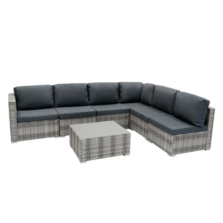 Modulares 7-teiliges Rattan-Möbelset in Grau mit bequemen, dunkelgrauen Polstern, ideal für Garten oder Terrasse, modernes Design und wetterfest