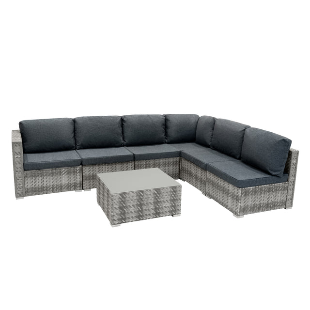 Modulares 7-teiliges Rattan-Möbelset in Grau mit bequemen, dunkelgrauen Polstern, ideal für Garten oder Terrasse, modernes Design und wetterfest