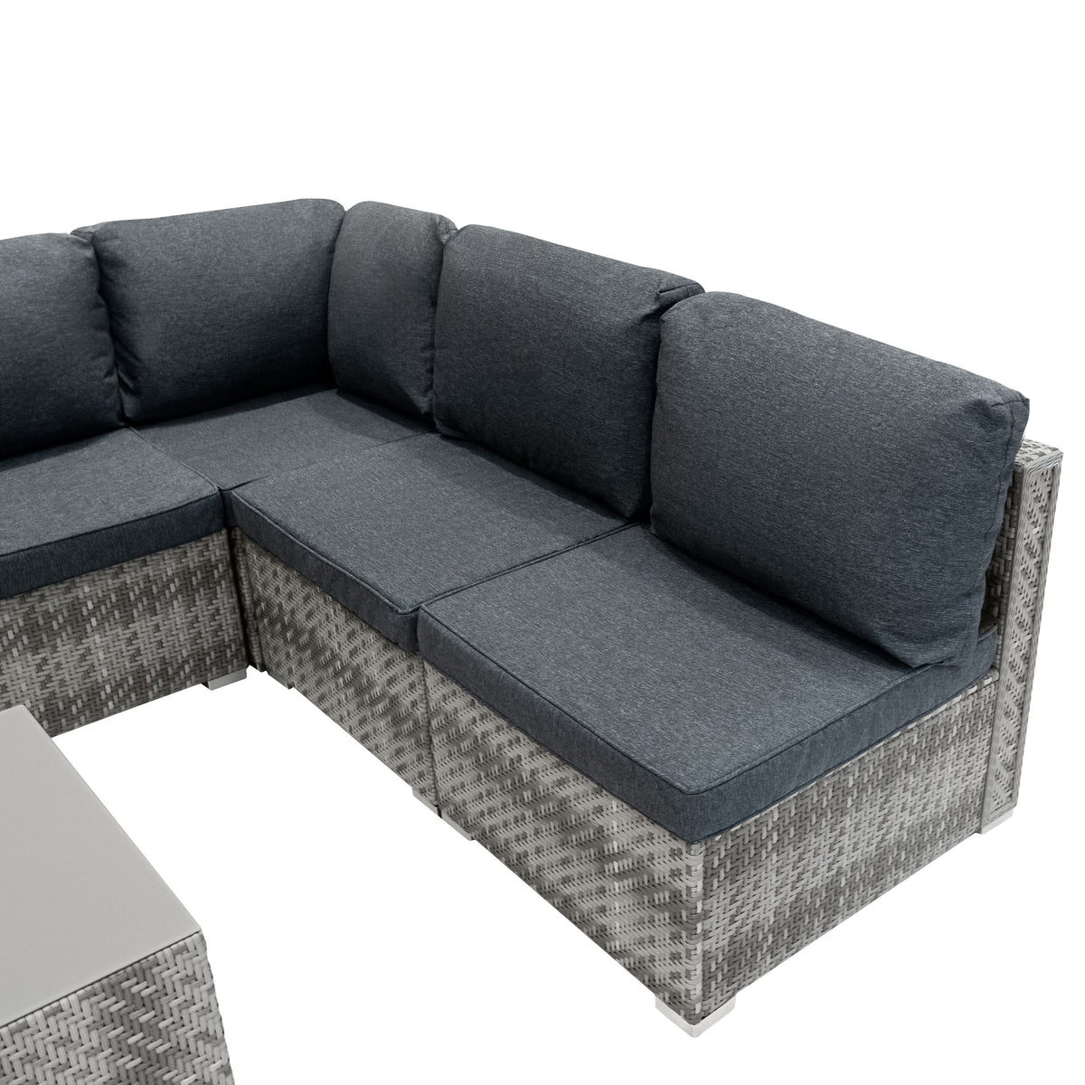 Modulares 7-teiliges Rattan-Möbelset in Grau mit weichen, dicken Kissen und geflochtenem Design, ideal für den Außenbereich oder die Terrasse