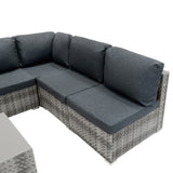 Modulares 7-teiliges Rattan-Möbelset in Grau mit weichen, dicken Kissen und geflochtenem Design, ideal für den Außenbereich oder die Terrasse