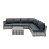 Modulares 7-teiliges Rattan-Möbelset in Grau mit bequemen, dicken Kissen und einem eleganten, quadratischen Tisch für stilvolle Außenbereiche