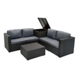 Modulares 6-teiliges Rattan-Möbelset in Schwarz mit grauen Kissen, bestehend aus einer L-förmigen Couch und einem Tisch mit Stauraum