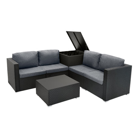 Modulares 6-teiliges Rattan-Möbelset in Schwarz mit grauen Kissen, bestehend aus einer L-förmigen Couch und einem Tisch mit Stauraum