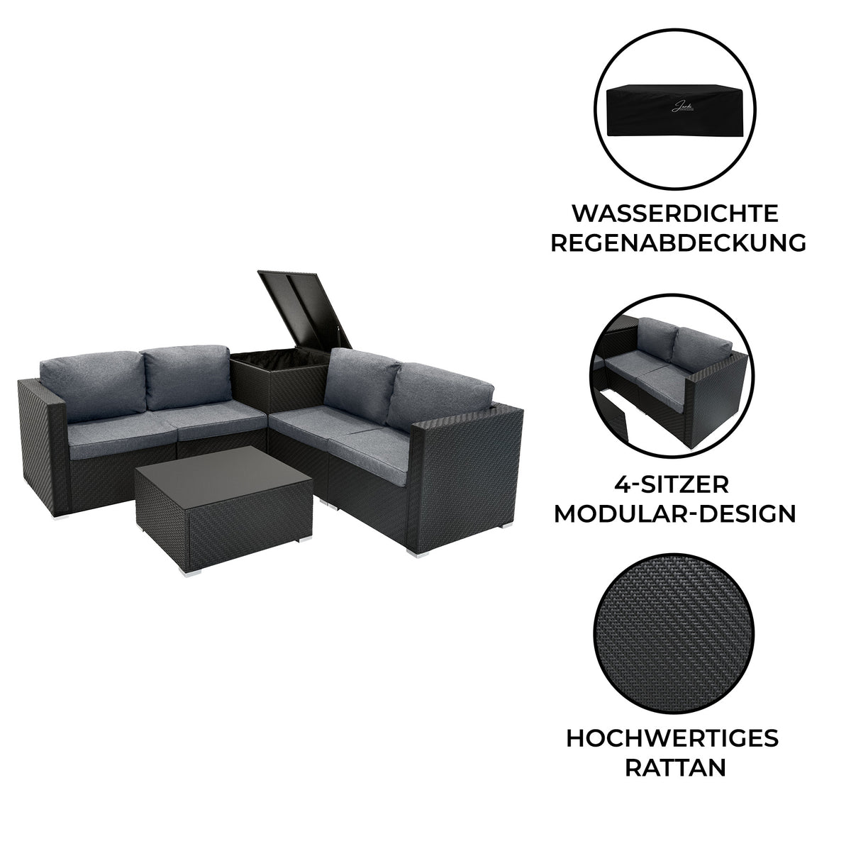 Schwarzes Rattan-Möbelset mit modularer 4-Sitzer-Konfiguration, gepolsterten Kissen in Grau und wasserdichter Regenabdeckung, ideal für den Außenbereich