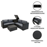 Schwarzes Rattan-Möbelset mit modularer 4-Sitzer-Konfiguration, gepolsterten Kissen in Grau und wasserdichter Regenabdeckung, ideal für den Außenbereich