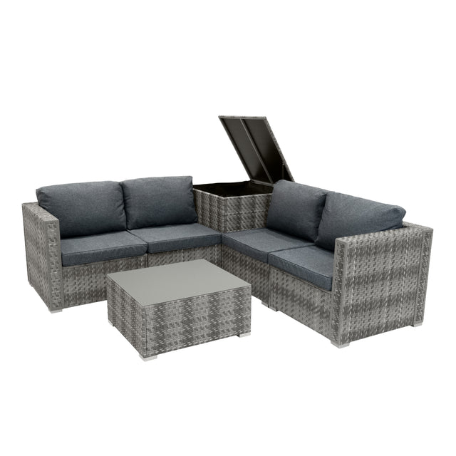 Sechsteiliges Rattan-Möbelset in Grau mit bequemen, dunkelgrauen Kissen, modularer Form und einem praktischen Stauraum im Tisch