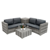 Sechsteiliges Rattan-Möbelset in Grau mit bequemen, grauen Polstern und einem eleganten, glatten Tisch, ideal für den Außenbereich