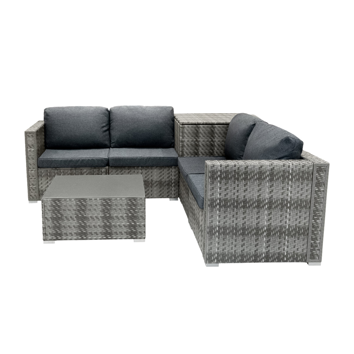 Modulares 6-teiliges Rattan-Möbelset in Grau mit bequemen, grauen Kissen und einem passenden Tisch, ideal für Garten oder Terrasse