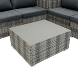 Modulares 6-teiliges Rattan-Möbelset in Grau mit robustem, geflochtenem Design und grauem, glattem Tischoberfläche, ideal für Außenbereiche