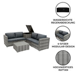 Sechsteiliges Rattan-Möbelset in Grau mit bequemen Kissen, modularer Anordnung und wetterfester Abdeckung, ideal für Terrassen und Gärten
