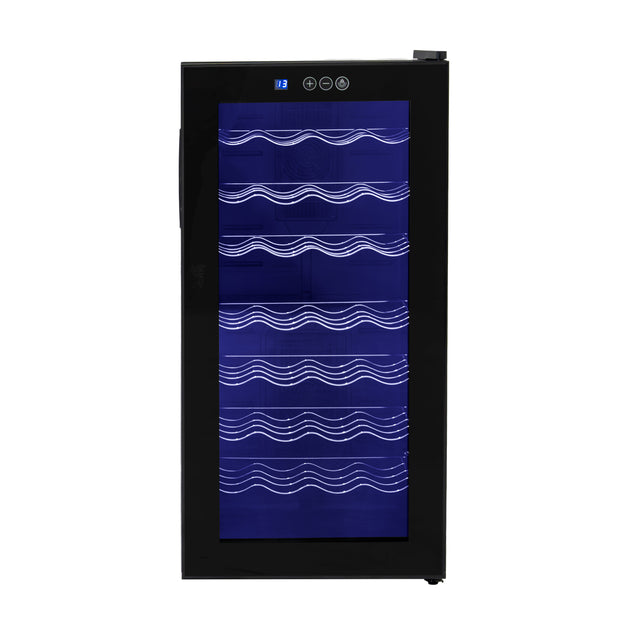 Schwarzer gewerblicher Weinkühler mit LED-Beleuchtung, transparentem Glas und wellenförmigem Design, ideal zur Präsentation und Kühlung von Weinflaschen