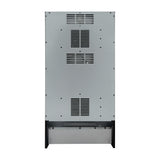 Rückansicht eines Oriva LED gewerblichen Weinkühlers mit silberner Metalloberfläche, Lüftungsschlitzen und schwarzem Sockel, ideal für Gastronomie