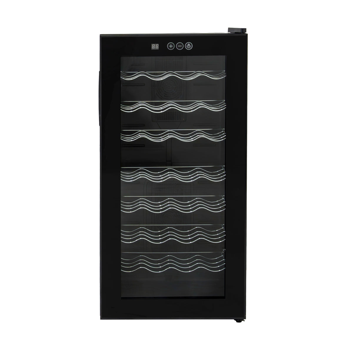 Schwarzer Oriva LED Weinkühler mit transparentem Glastürdesign, sechs Regalen für Flaschen, eleganter Wellenstruktur und digitalem Temperaturdisplay