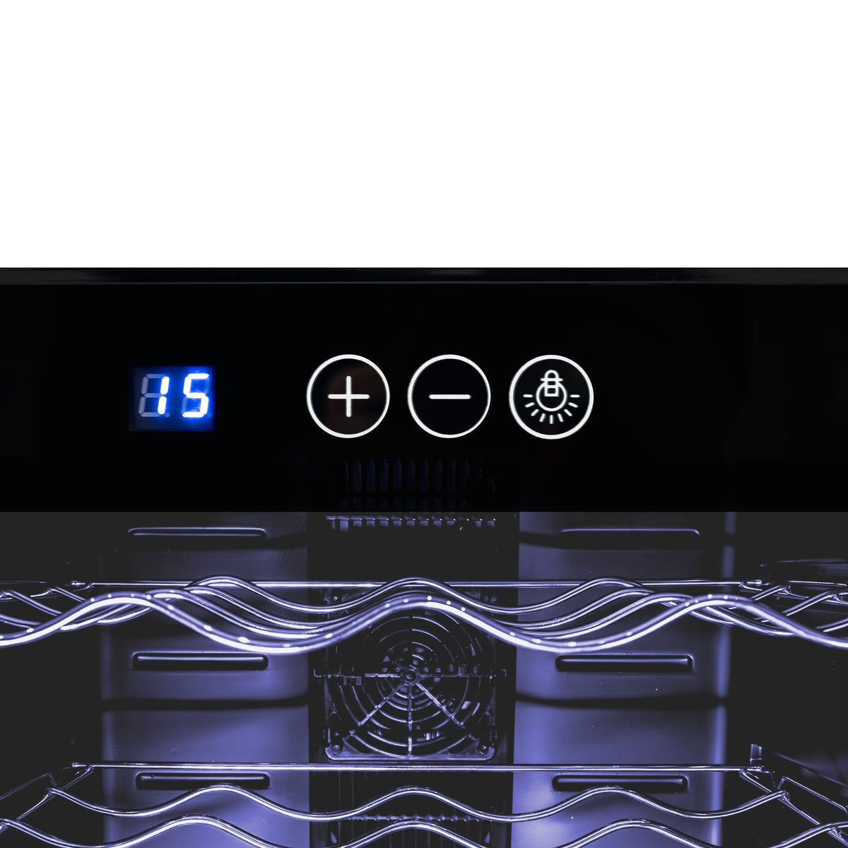 Schwarzer Oriva LED Weinkühler mit digitalem Display, Temperaturregler und eleganten, gewellten Regalen für eine stilvolle Präsentation von Weinen