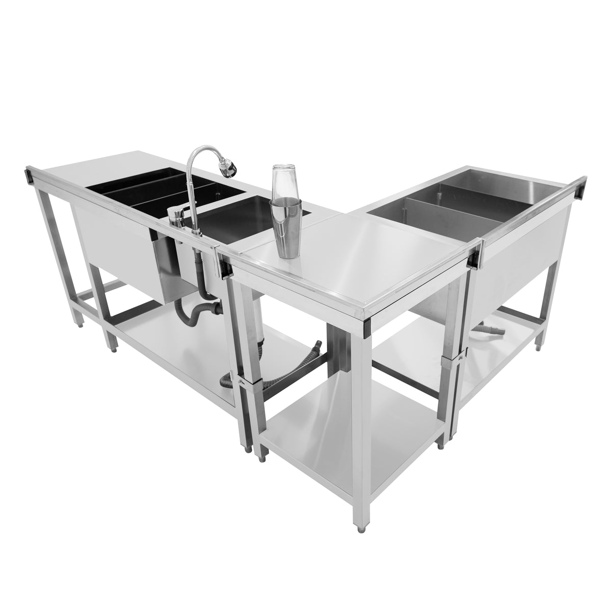 Modulare Cocktailbar-Station aus Edelstahl mit Eisbrunnen, zwei Becken, glänzender Oberfläche und eleganter, funktionaler Gestaltung