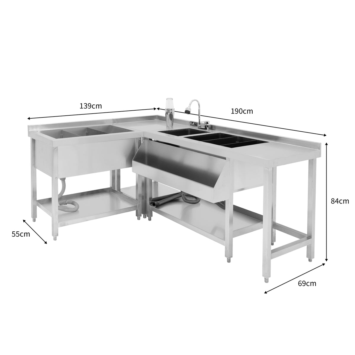 Modulare Cocktailbar-Station aus Edelstahl mit zwei Waschbecken, Eisbrunnen und robustem, glänzendem Finish, ideal für Veranstaltungen und Partys