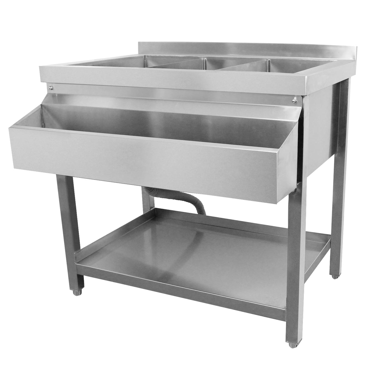 Modulare Cocktailbar-Station aus Edelstahl mit drei Fächern und einem praktischen Eisbrunnen, ideal für Veranstaltungen und Partys